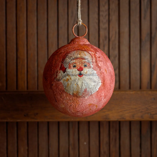Red Nosed Santa Metal Ball Ornament 6"