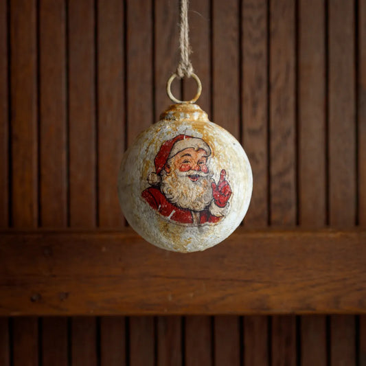 Happy Santa Metal Ball Ornament 4"