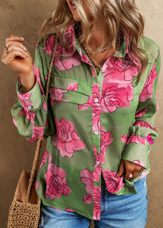 Floral Print Pleated Detail Puff Sleeve Shirt