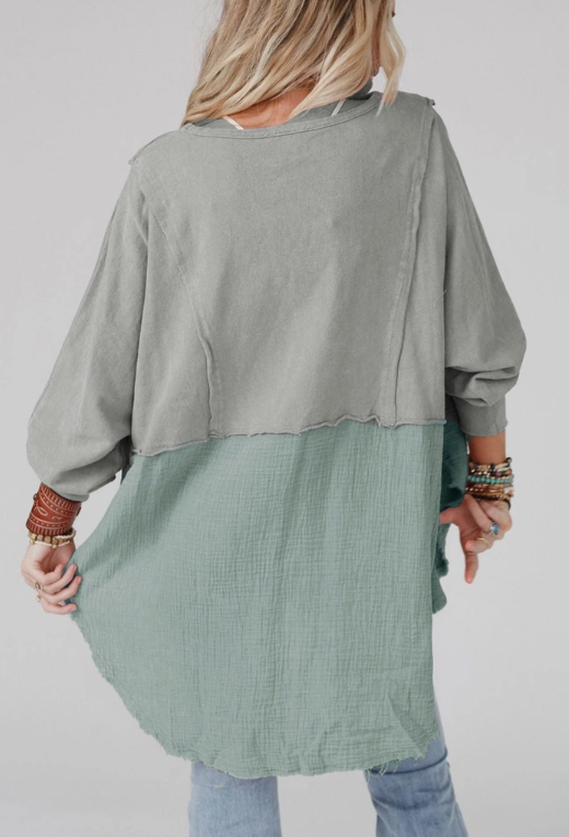 Grey Crinkle Splicing Raw Hem High Low Oversized Blouse
