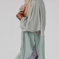 Grey Crinkle Splicing Raw Hem High Low Oversized Blouse