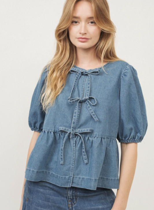 Denim Front Bow Tie Peplum Blouse