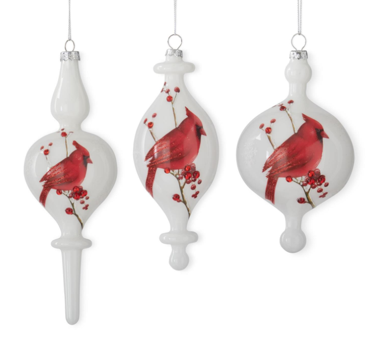 White Glass Cardinal & Bead Finial Ornament