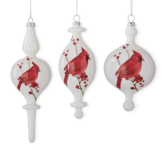 White Glass Cardinal & Bead Finial Ornament