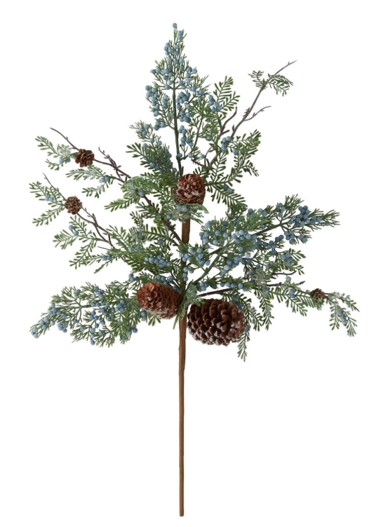 Mixed Greens Stem w/Glittered Pinecones & Blue Berries