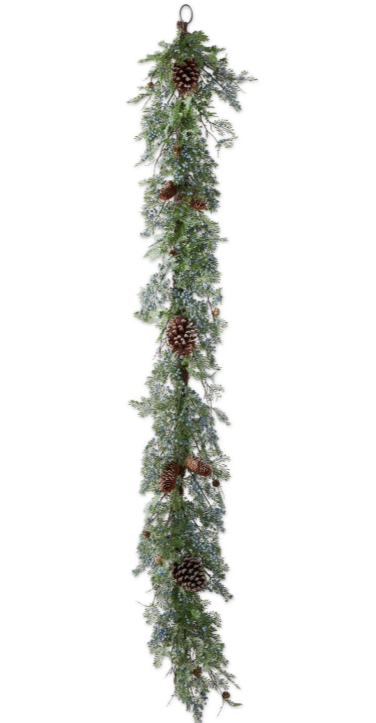 Mixed Greens Garland w/Glittered Pinecones & Blue Berries