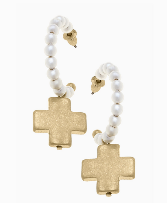 Edith Pearl Hoop Cross Drop Earrings