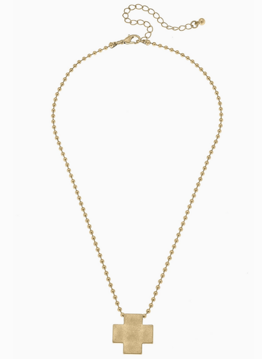 Edith Square Cross Ball Chain Necklace in Worn Gold