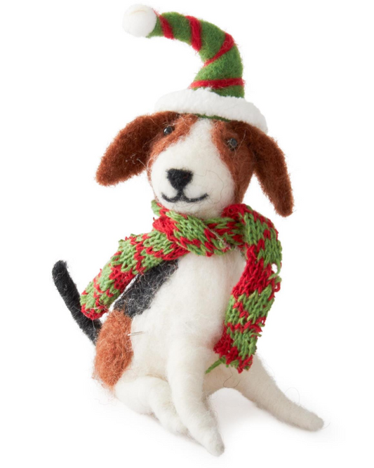Wool Dog w/Striped Elf Hat Ornament