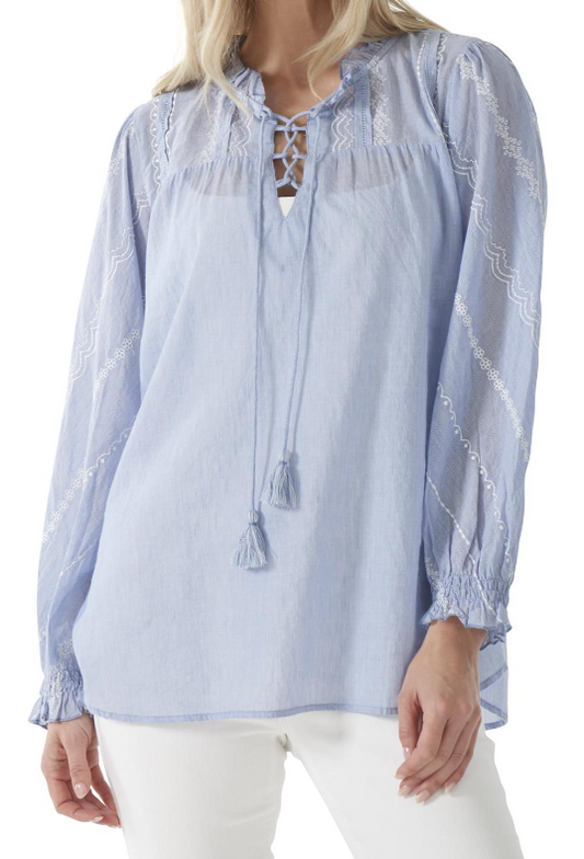 Blue Pinstripe Front Laced Top