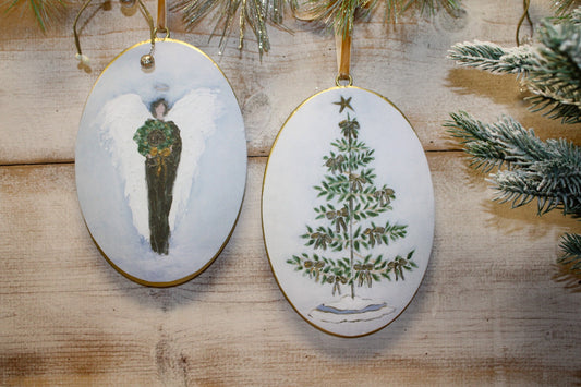 Angel With Wreath & Tree Double-Sided Disc Ornament