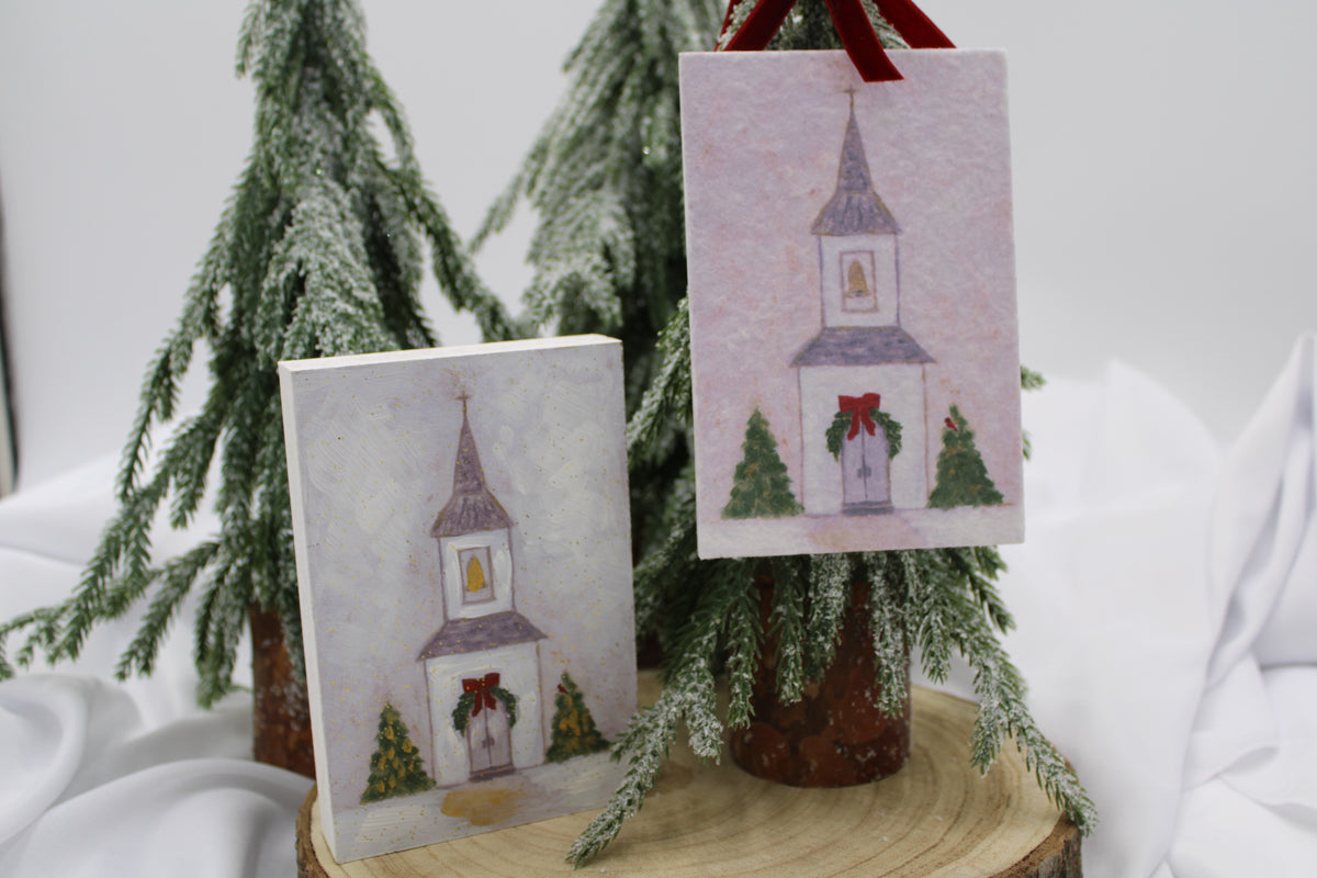 Textured Paper Church Ornament With Velvet Ribbon