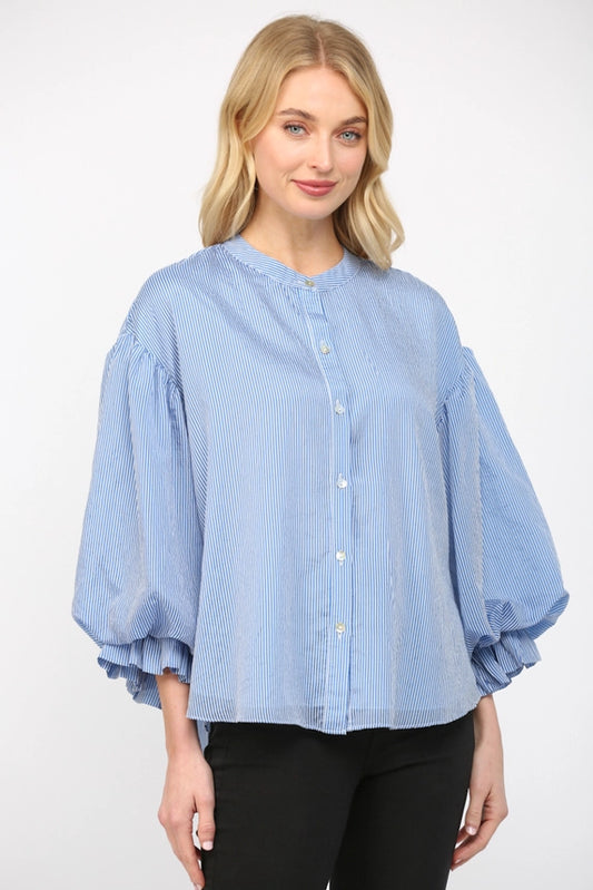 Pinstripe Voluminous Bubble Sleeve Blouse