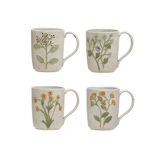 Hand-Painted Stoneware Botanical Mugs