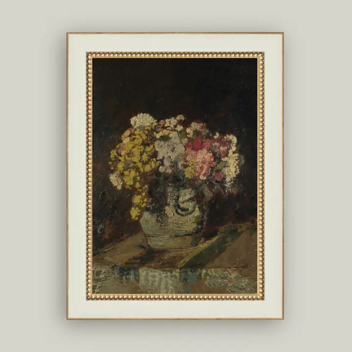 Vase of Pink & Yellow Flowers Framed Antique Art