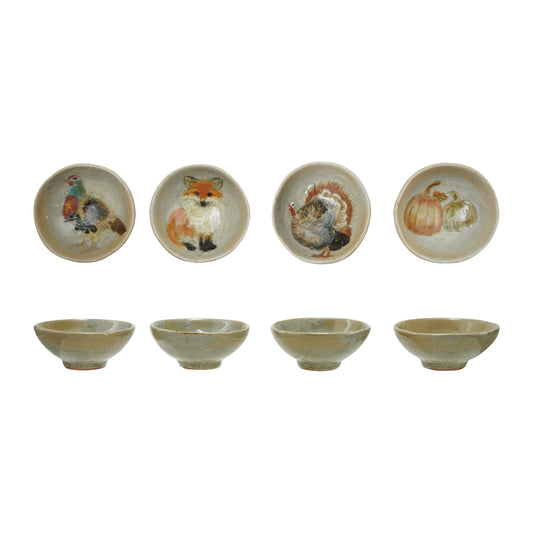 Hand-Painted Stoneware Dish With Animals & Pumpkins