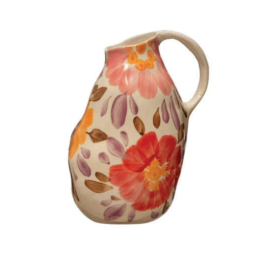Hand-Painted Floral Stoneware Pitcher
