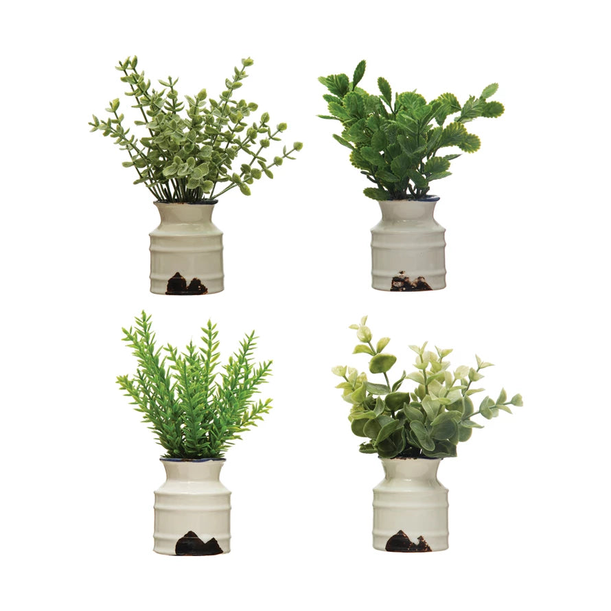 Faux Plant in Stoneware Pot, Distressed White