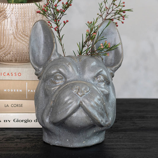 Stoneware French Bulldog Head Shaped Vase