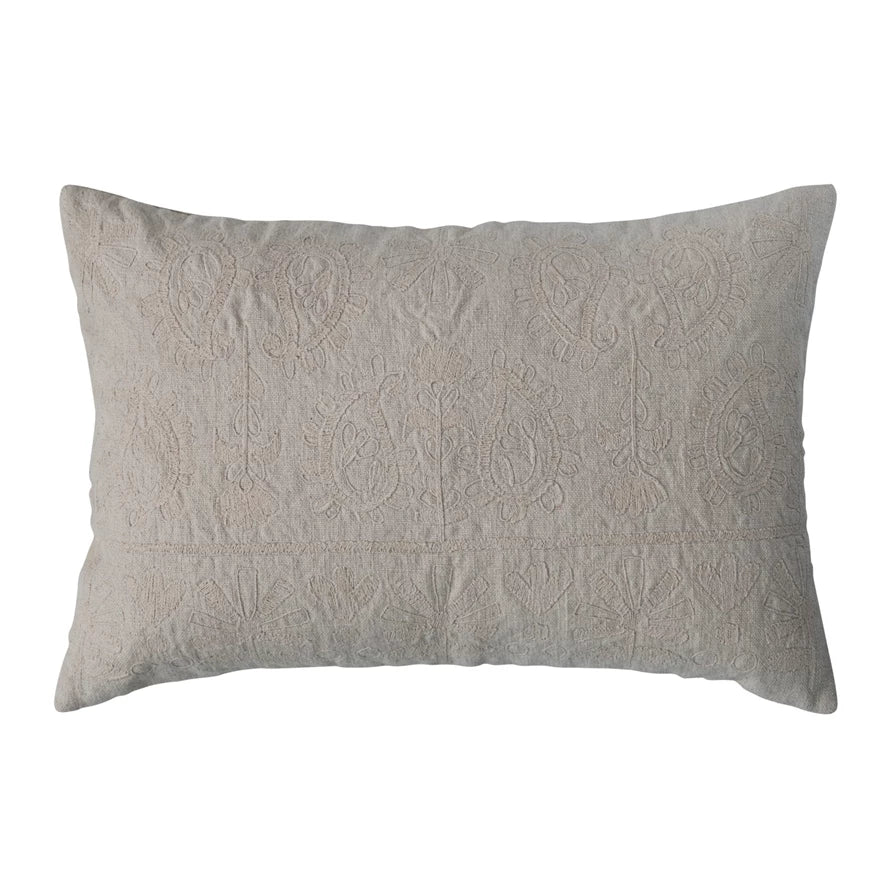 Cotton Lumbar Pillow w/ Embroidered Paisley Pattern