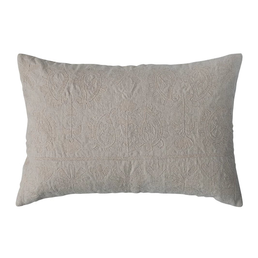 Cotton Lumbar Pillow w/ Embroidered Paisley Pattern