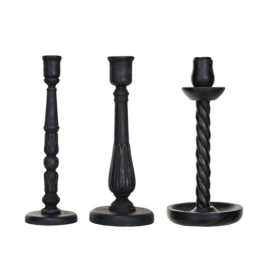 Distressed Black Wood Carved Taper Holder