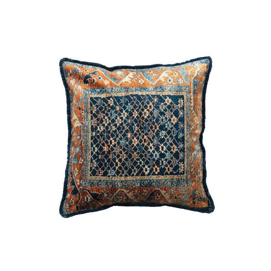 Square Cotton Blend Velvet Printed Pillow w/ Vintage Carpet Pattern