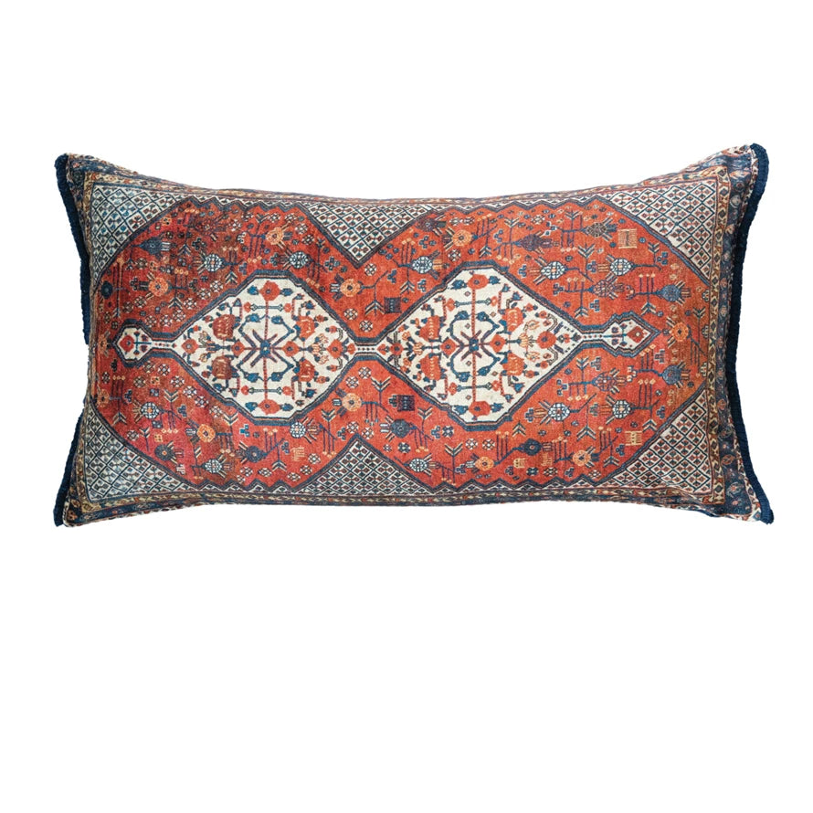 Cotton Blend Velvet Printed Pillow With Fringe