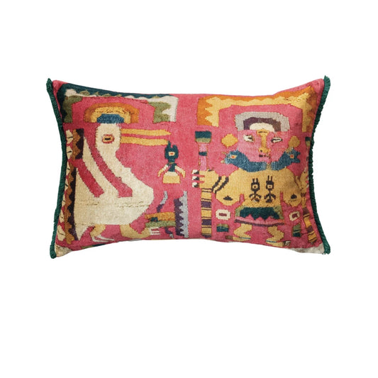 Cotton Blend Velvet Printed Lumbar Pillow With Fringe