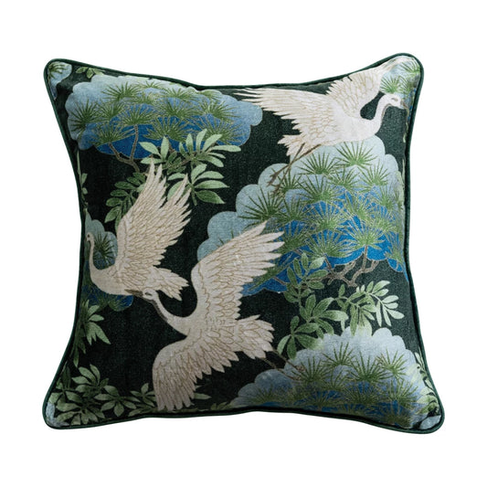 Cotton Blend Velvet Pillow With Cranes