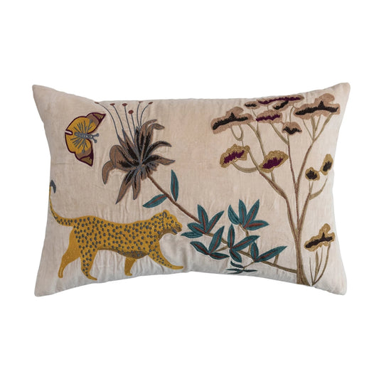 Cotton Velvet Pillow With Embroidered Flora/Fauna