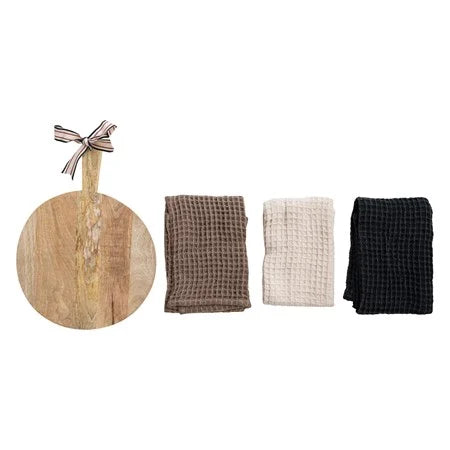 Waffle Weave Tea Towels w/ Mango Wood Serving Board