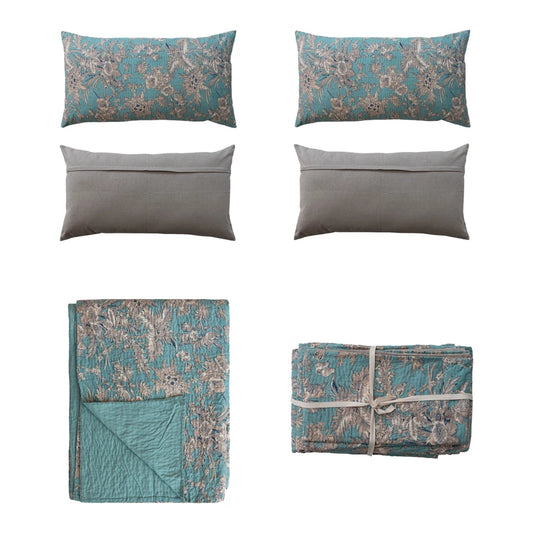 King Bed Cover with Embroidered Kantha Stitch & 2 King Shams