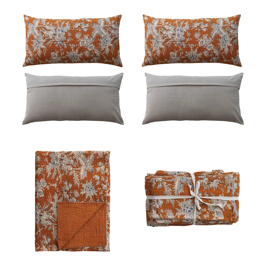 King Bed Cover with Embroidered Kantha Stitch & 2 King Shams