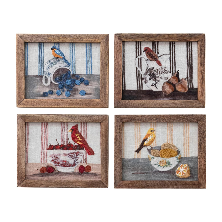 Wood Framed Embroidered Bird on Dish