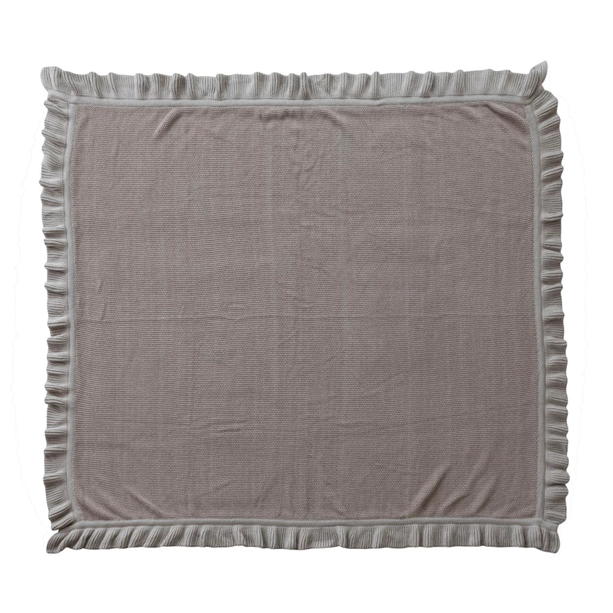 Taupe Cotton Knit Throw with Ruffle