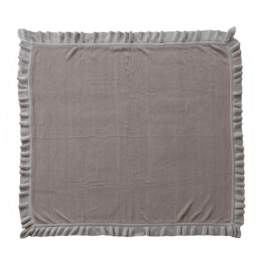 Taupe Cotton Knit Throw with Ruffle