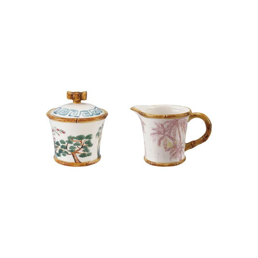 Hand Painted Sugar Pot with Lid and Bamboo Style Edges