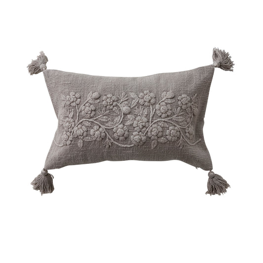 Taupe Lumbar Pillow with Embroidered Flowers & Tassels
