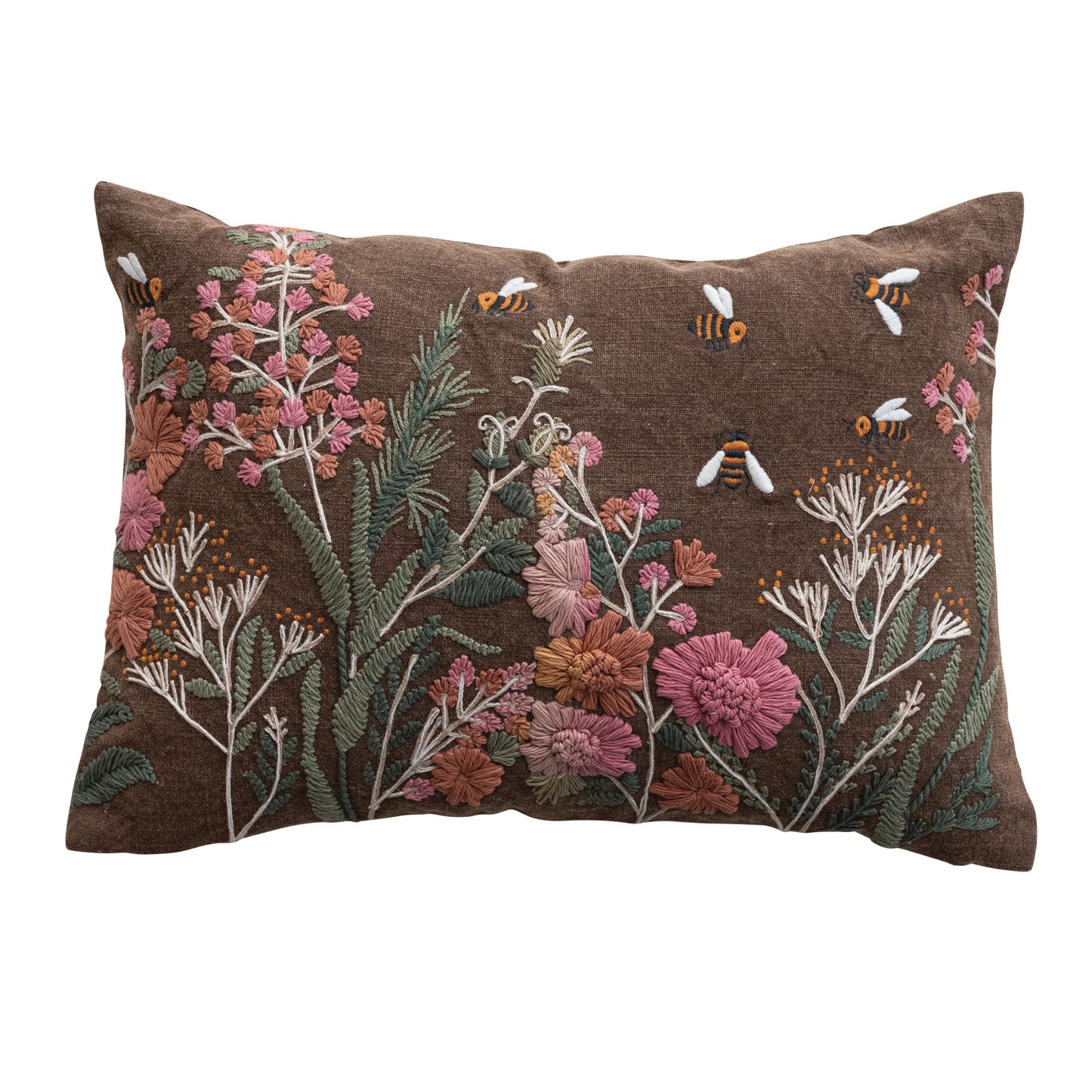 Stonewashed  Hand-Embroidered Flowers & Bees Pillow