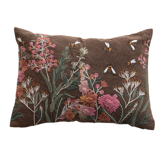 Stonewashed  Hand-Embroidered Flowers & Bees Pillow