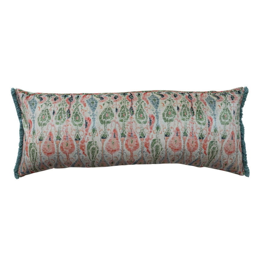 Velvet Lumbar Pillow with Pattern & Fringe