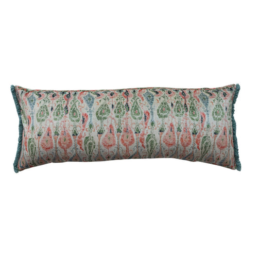 Velvet Lumbar Pillow with Pattern & Fringe