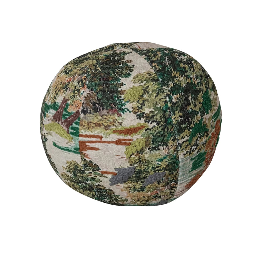 Fabric Orb Pillow with Landscape & Embroidery