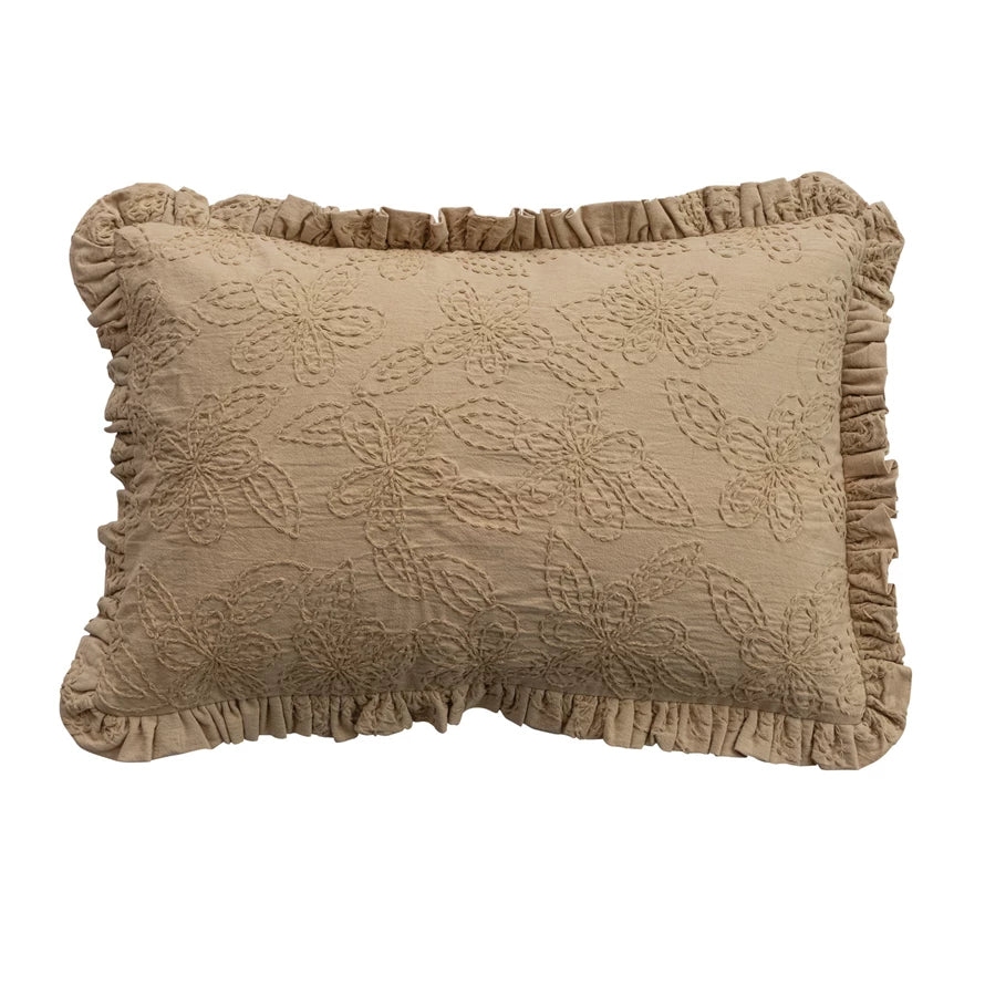 Pillow with Hand-Embroidered Kantha Stitch Flowers