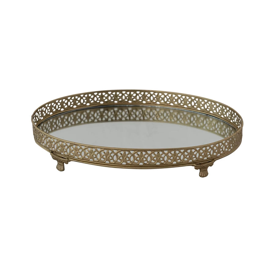 Oval Metal Footed Tray With Mirror
