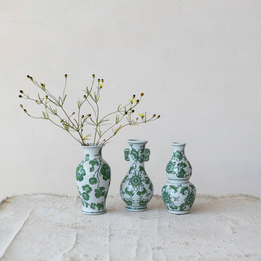 Hand-Painted Stoneware Vase with Floral Design