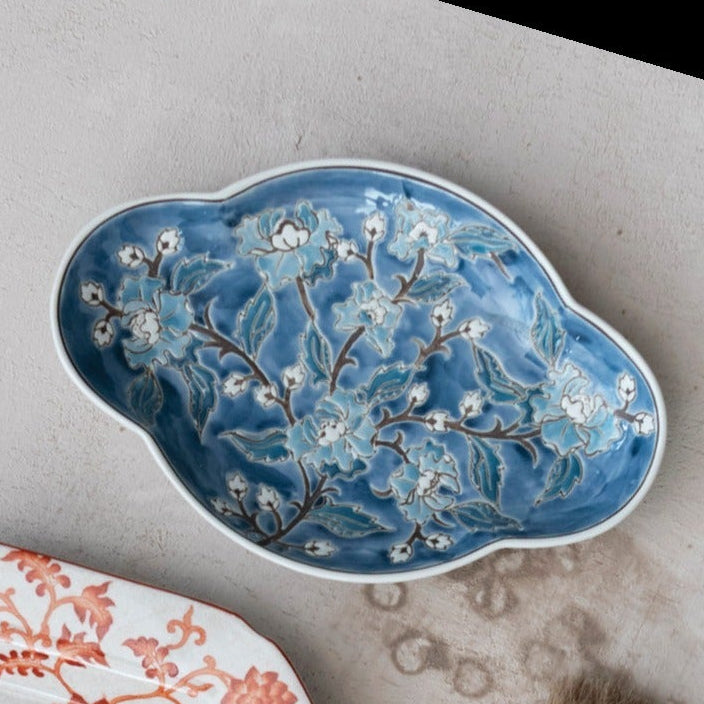 Decorative Hand-Painted Stoneware Dish with Wax Relief Flowers