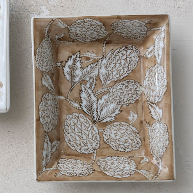 Decorative Hand-Painted Stoneware Dish with Botanicals