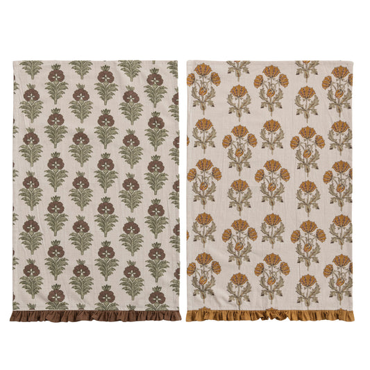 Cotton Printed Tea Towel with Flower Pattern & Ruffle